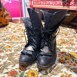 Vintage Black Leather Western Lace Up Boots Silver Kiltie Metal Toe Tips Ankle
